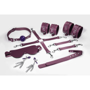 Набір Feral Feelings BDSM Kit 7 Burgundy, наручники, поножі, конектор, маска, падл, кляп, затискачі