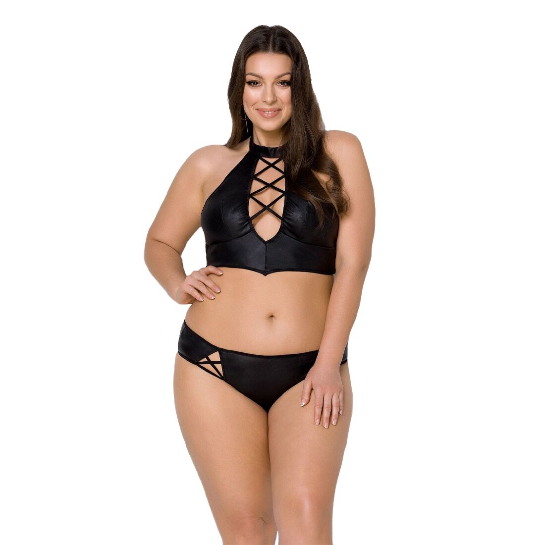 Комплект з екошкіри Passion NANCY BIKINI 6XL/7XL black, бра та трусики з імітацією шнурівки
