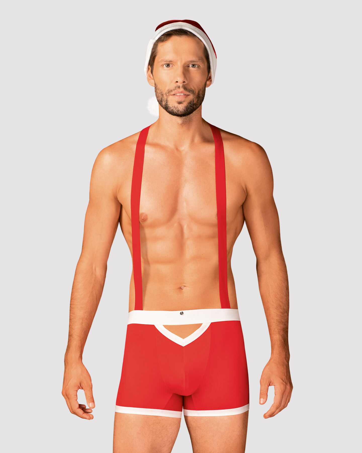 Чоловічий еротичний костюм Санта-Клауса Obsessive Mr Claus 2XL/3XL, боксери на підтяжках, шапочка з 