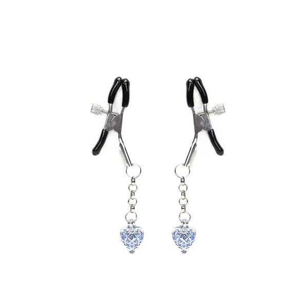 Затискачі для сосків із сердечком Liebe Seele Glow-in-dark Nipple Clamps Blue, світяться в темряві