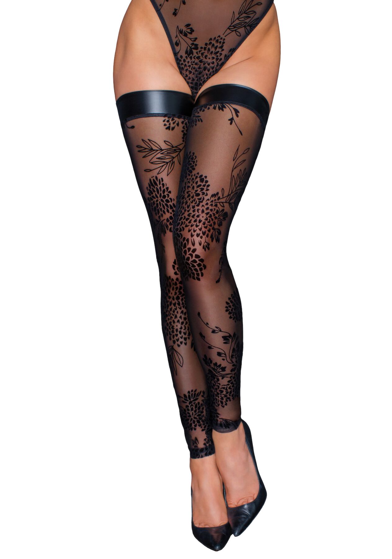 Панчохи без миска Noir Handmade F243 Tulle stockings with patterned flock embroidery, XXL